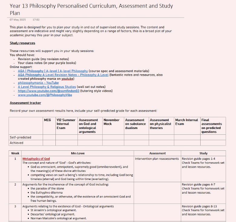 Year 13 Philosophy PCAS Plan
